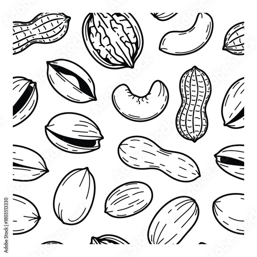 Assorted nuts monochrome pattern on white background food ingredients concept