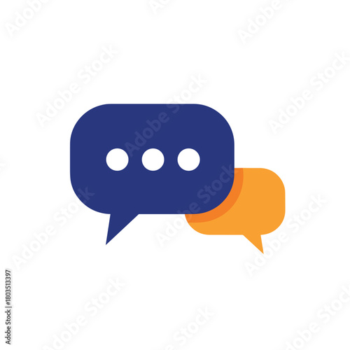 A modern graphic illustration features two overlapping speech bubbles; a dark blue one with an ellipsis representing typing and an orange one, symbolizing digital communication, chat, and messaging.
