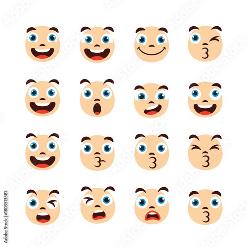 A collection of sixteen cartoon character emoticons or avatars, displaying a wide range of human emotions such as happiness, surprise, and affection.