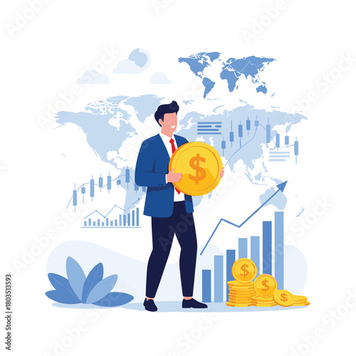 A successful businessman in a suit holds a large dollar coin, symbolizing global financial investment, market growth, and wealth management strategies worldwide.