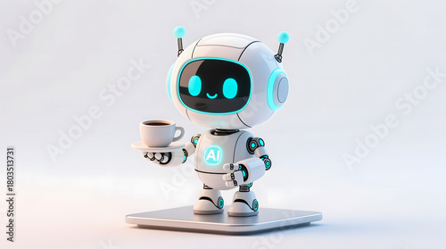 An adorable, miniature AI robot butler serving a cup of coffee on a saucer in a clean, minimalist setting.