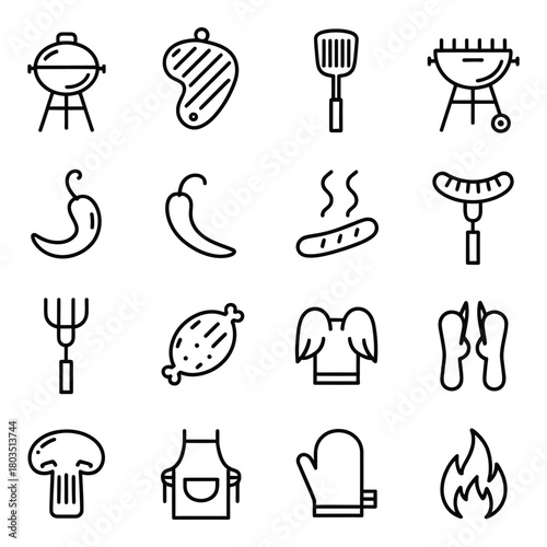 Barbecue food and accessories in outline style perfect for summer grilling