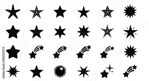 A collection of various black star shapes and sparkling comet illustrations