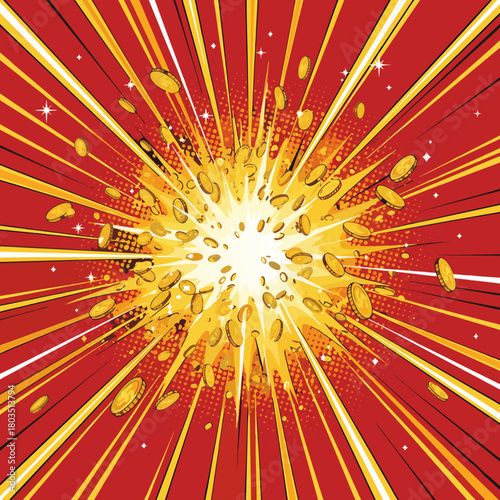 A dynamic, comic-style illustration of a golden coin explosion with radiating light beams on a red background, symbolizing a jackpot or big win.