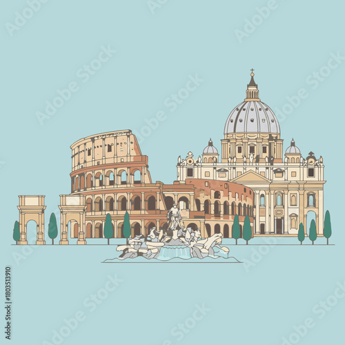 Photography Detailed illustration of iconic Roman landmarks including the Colosseum, St