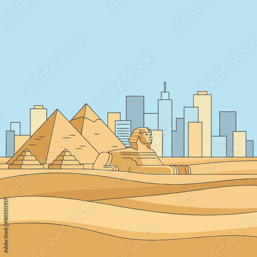 Modern city skyline behind ancient Egyptian pyramids and the Sphinx in a desert landscape, flat line art illustration.