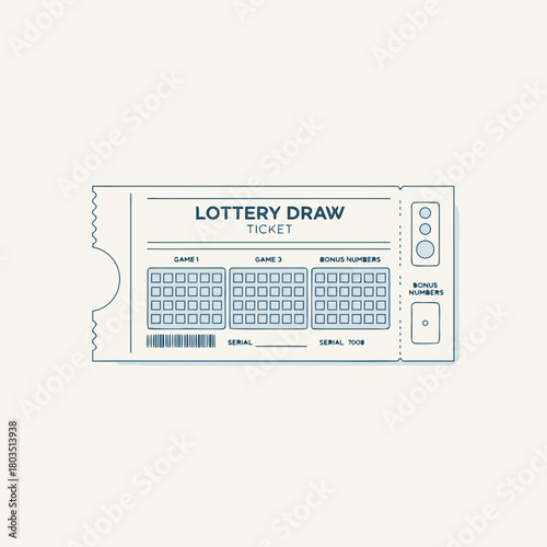 A detailed illustration of a lottery draw ticket with number selection grids and bonus numbers.