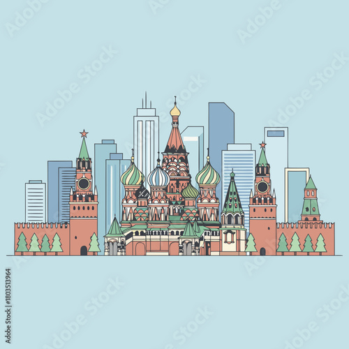 A stylized illustration of the iconic St. Basil's Cathedral and Kremlin towers in Moscow, Russia, with a modern city skyline in the background.