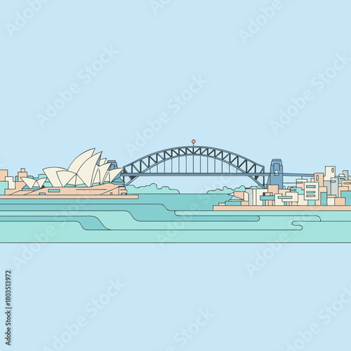 A minimalist illustration of the iconic Sydney skyline featuring the Opera House and Harbour Bridge over water, rendered in pastel colors.