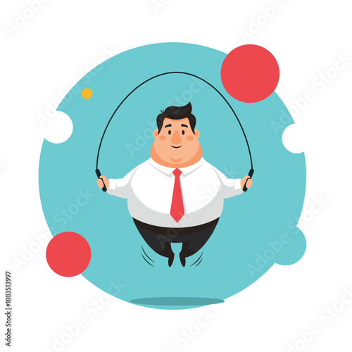 A jovial overweight businessman in a white shirt and red tie happily jumps rope as part of his exercise routine, promoting health and fitness.