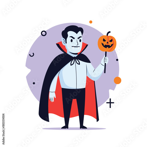 A cartoon illustration of a dapper vampire character in a black and red cape, holding a jack-o'-lantern lollipop, perfect for Halloween celebrations.