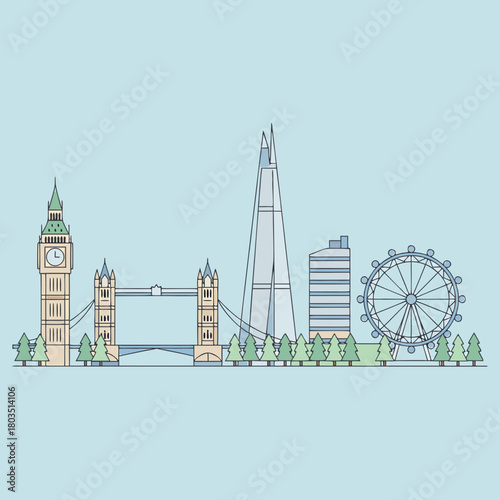 Minimalist line art illustration of the iconic London skyline featuring Big Ben, Tower Bridge, The Shard, and London Eye.