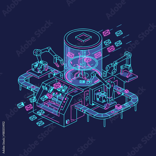 Isometric illustration of an automated factory with robotic arms and conveyor belts processing digital envelopes in a neon blue and pink glow.