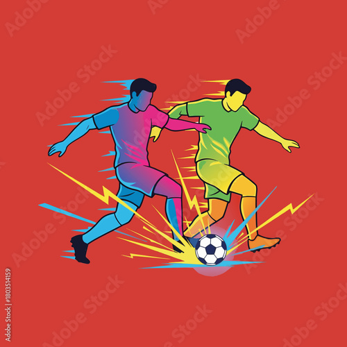 Two vibrant, colorful soccer players in a dynamic tackle for the ball, surrounded by energetic speed lines on a red background.