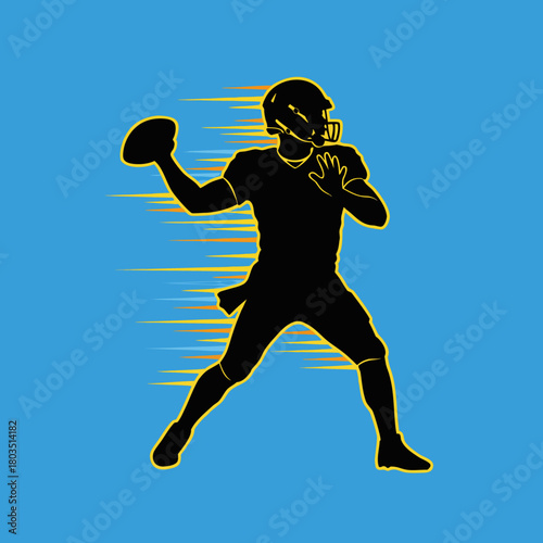 A black silhouette of an American football quarterback throwing a ball with yellow speed lines on a light blue background.