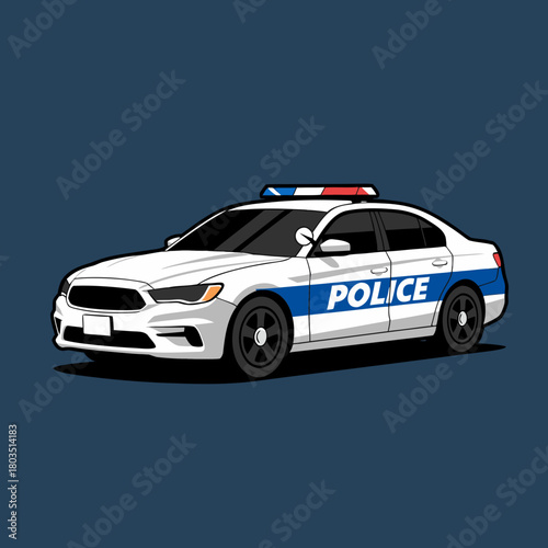 Vector illustration of a modern white police patrol car with blue stripes and emergency lights on a dark background.