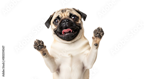 Funny pug dog looking up with paws raised isolated on transparent background