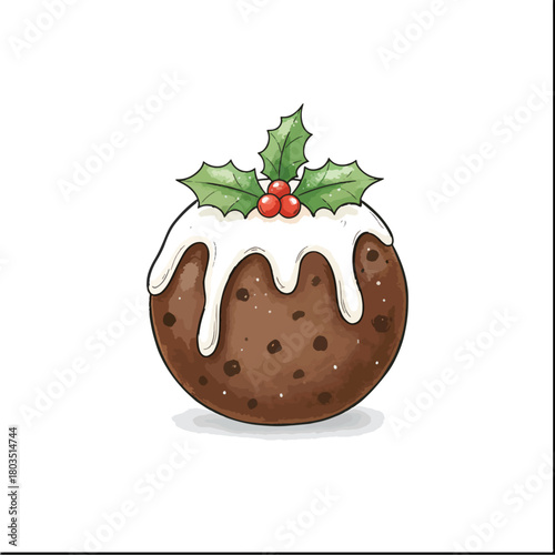 Traditional Christmas Pudding with Holly and Berries.