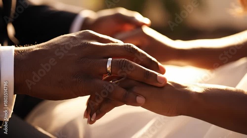 Close-up of Black couple's hands on their wedding day. Groom's hand with wedding ring gently holds bride's hand, symbolizing love and commitment