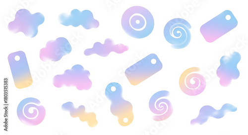 Pastel gradient shapes clouds swirls tags design elements vector set