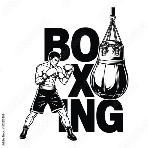 Boxing training with punching bag and boxer in black and white