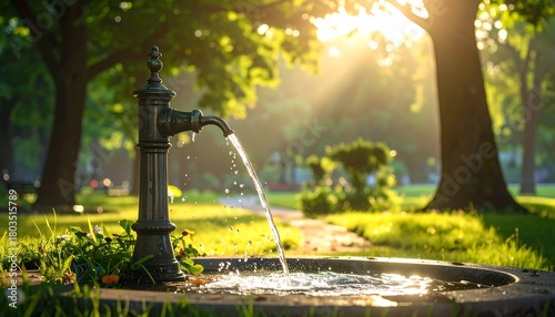 Fototapeta Naklejka Na Ścianę i Meble -  A vintage water fountain in a sun-dappled park, with water flowing into a basin. Lush greenery and trees create a serene atmosphere