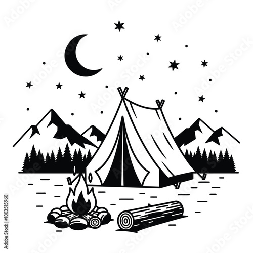Camping adventure under the moonlight featuring a tent campfire and mountains