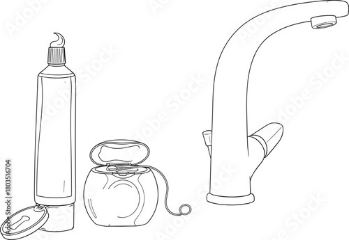 Toothpaste, dental floss, faucet, hygiene essentials, bathroom items, oral care, water tap, morning routine, clean, fresh, health, sink, tube, floss, spout, lever, grooming, sanitary