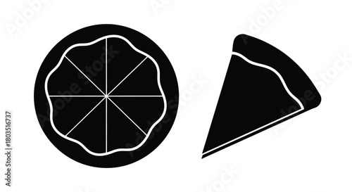 A black and white illustration of a whole pizza and a single slice