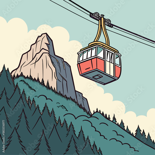 Cable Car Journey in Mountainous Terrain: A cable car traverses a majestic mountain, offering breathtaking views of a lush forest and dramatic cliffs, as it ascends towards the sky.