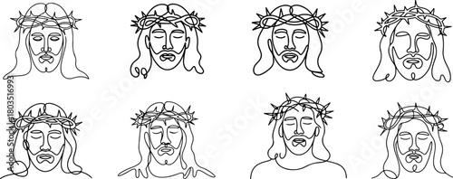 Collection of Minimalist line art of a Jesus' face  hand drawn concept for decoration on white background.