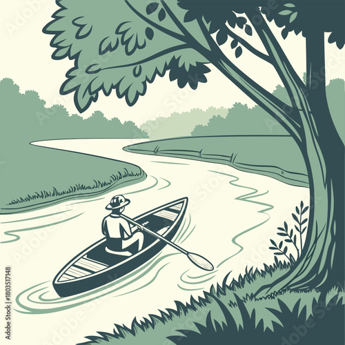 Canoeing on the River: A serene scene unfolds as an individual paddles a canoe along a winding river, enjoying a peaceful journey through the surrounding nature.