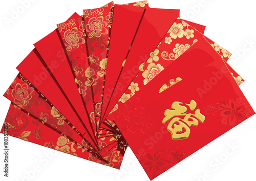 Chinese New Year icon vector—floral red envelopes with 福 character arranged in fan layout for prosperity and festive gifting visuals