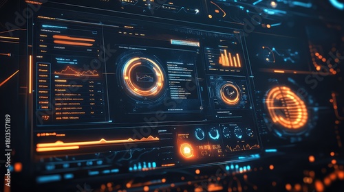 Analyzing futuristic dashboard displaying data statistics and analytics