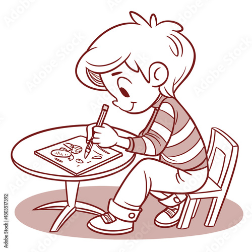 Creative Imagination: A young individual is absorbed in the act of artistic creation, thoughtfully sketching at a table with a focused gaze.