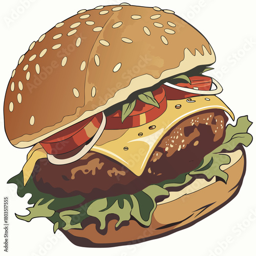 Delectable Hamburger Close-up: A meticulously illustrated hamburger showcases juicy beef, fresh produce, and melted cheese, creating a feast for the eyes and a craving for a flavorful bite.