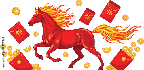 Chinese New Year icon vector—flaming red horse, 福 envelopes, gold coins, and ingots for zodiac celebration and prosperity visuals