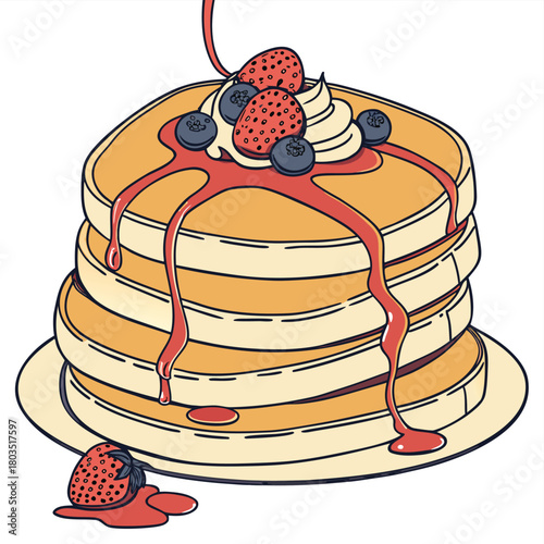 Stack of Pancakes with Fruits: A mouthwatering stack of fluffy pancakes, drizzled with syrup and adorned with fresh blueberries and strawberries, creating a visually appealing and delicious breakfast.