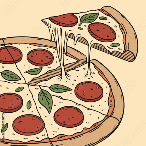 Delectable Pizza: A mouthwatering illustration of a classic pizza, showcasing a delectable slice with oozing cheese and savory pepperoni, ready to tantalize taste buds.
