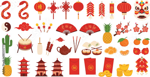 Chinese New Year icon set—red snakes, lanterns, lion mask, food, coins, and cultural symbols for festive celebration visuals