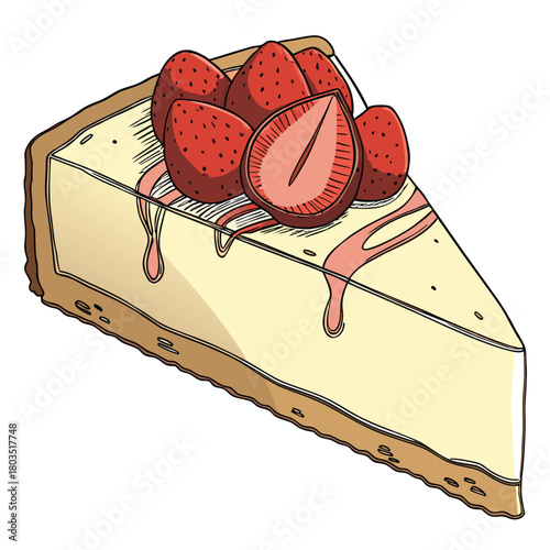 Strawberry Cheesecake Delight: A delectable slice of cheesecake, topped with vibrant red strawberries and drizzled with a sweet strawberry sauce, offers a tempting treat.