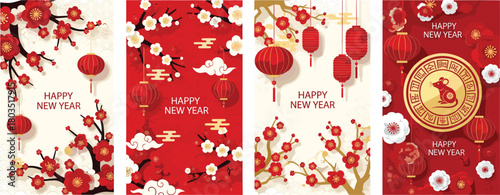 Chinese New Year banner vector set—lanterns, cherry blossoms, clouds, zodiac rat, and festive gold accents in vertical layout