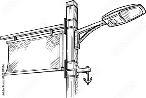 Urban street lamp post sketch, vintage signage illustration, technical drawing, city infrastructure, blue ink, artistic rendering, detail