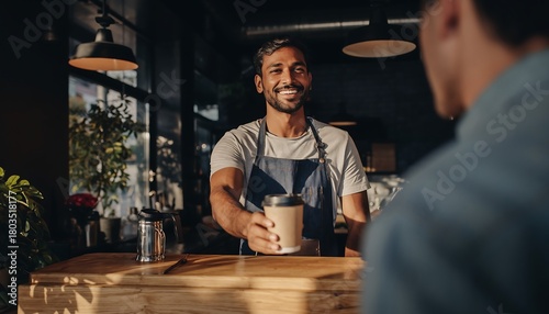 Smiling barista hands a takeaway coffee to a customer in a warm and inviting modern cafe.