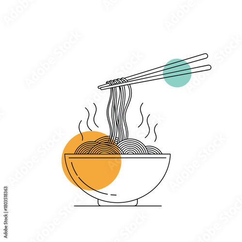 A simple line art illustration depicting hot steaming noodles in a bowl, with chopsticks gracefully lifting strands, accented by abstract orange and teal shapes on a white background.