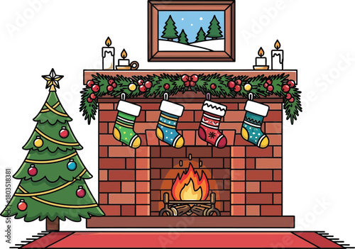 Decorated christmas tree and fireplace with stockings hanging in a cozy home scene