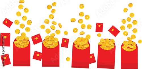 Chinese New Year icon vector—red envelopes with gold coins, floating prosperity symbols, and festive wealth motifs for celebration visuals