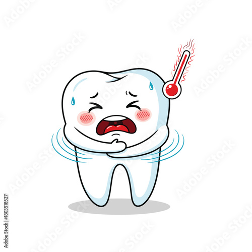 A cute cartoon tooth character is depicted shivering and sweating with a high fever, signifying a painful toothache or dental sensitivity.