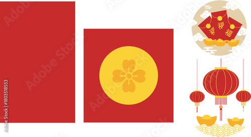 Chinese New Year icon vector—red envelopes, lanterns, gold ingots, floral emblem, clouds, and festive symbols for cultural celebration visuals