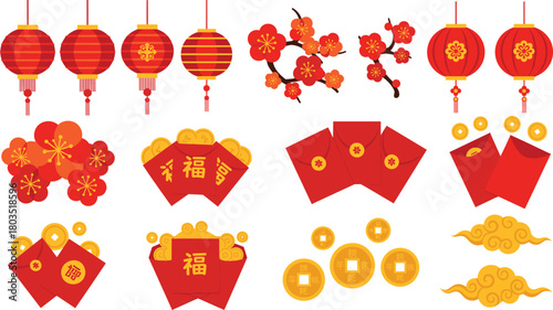 Chinese New Year icon vector—lanterns, plum blossoms, red envelopes, gold coins, and cloud motifs for festive prosperity visuals 